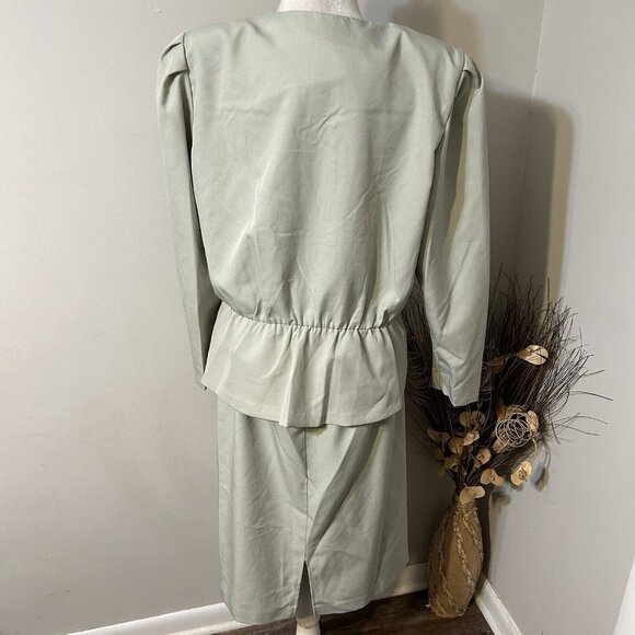 Vtg 80s Good Times Suit Size 16 2Pc Set Green Blazer Peplum Jacket & Skirt USA - Picture 2 of 10